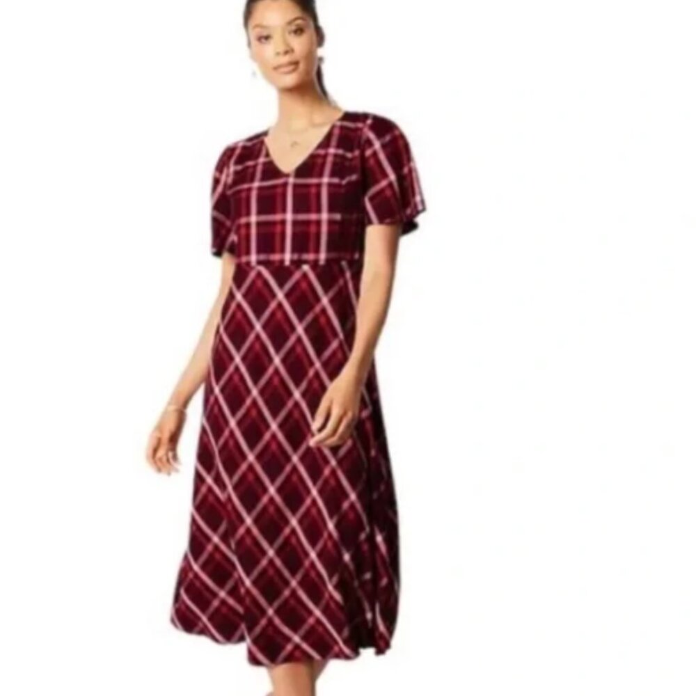 NWT J. Jill Dress Plaid Red Purple Short Sleeve Boho Midi Cabincore Preppy 3X